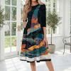 Women Halloween Printed Casual Crew Neck Three Quarter Sleeve Mid Length Dress with Pattern for Holiday Party