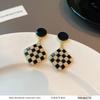 French Retro Pearl Plaid Earrings: Luxury Korean Studs for Women