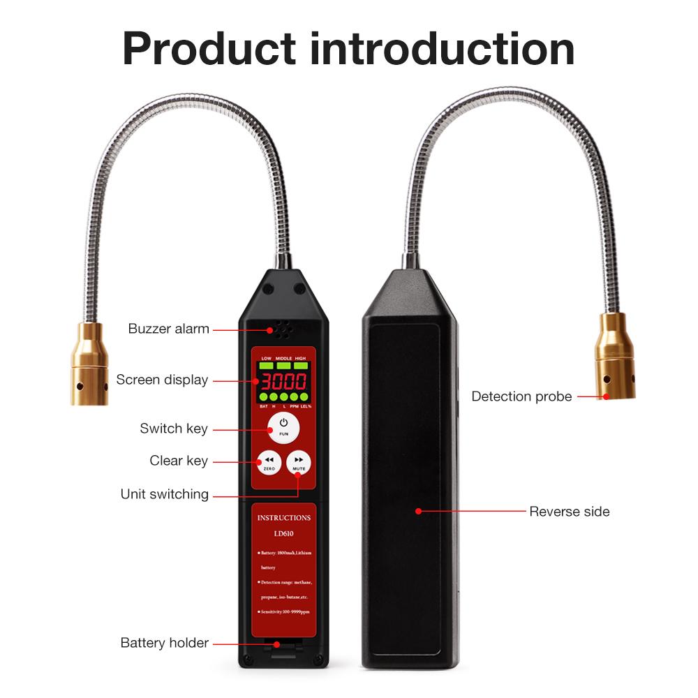 LD610 Combustible Gas Detector Portable Gas Leak Tester 360° Flexible Probe C3H8 C4H10 H2 Methane Leakage Monitor 100-9999PPM