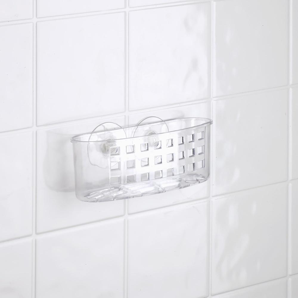 Medium Suction Cup Shower Organizer Clear Plastic Bathroom Basket Self-Draining Holds Razor Soap Easy Install Rust Resistant