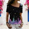 Women Plus Size Asymmetric Neck Short Sleeve Top Vintage American Flag Star Stripe Art Print