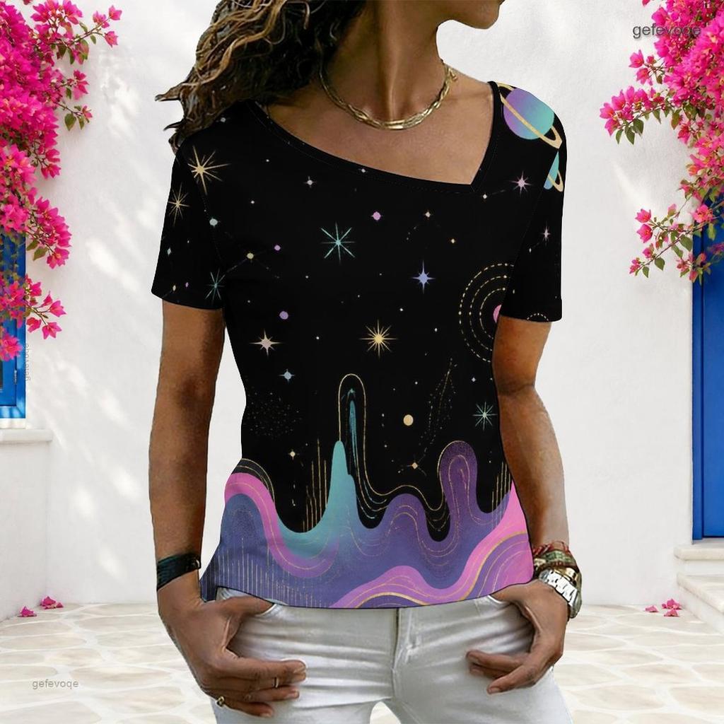 Women Plus Size Asymmetric Neck Short Sleeve Top Vintage American Flag Star Stripe Art Print