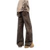 Coffee pleated rivet tooling jeans men's washed casual scimitar pants American diagonal cut straight micro-pull pants