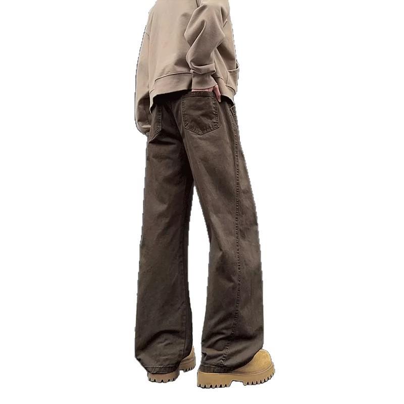 Coffee pleated rivet tooling jeans men's washed casual scimitar pants American diagonal cut straight micro-pull pants