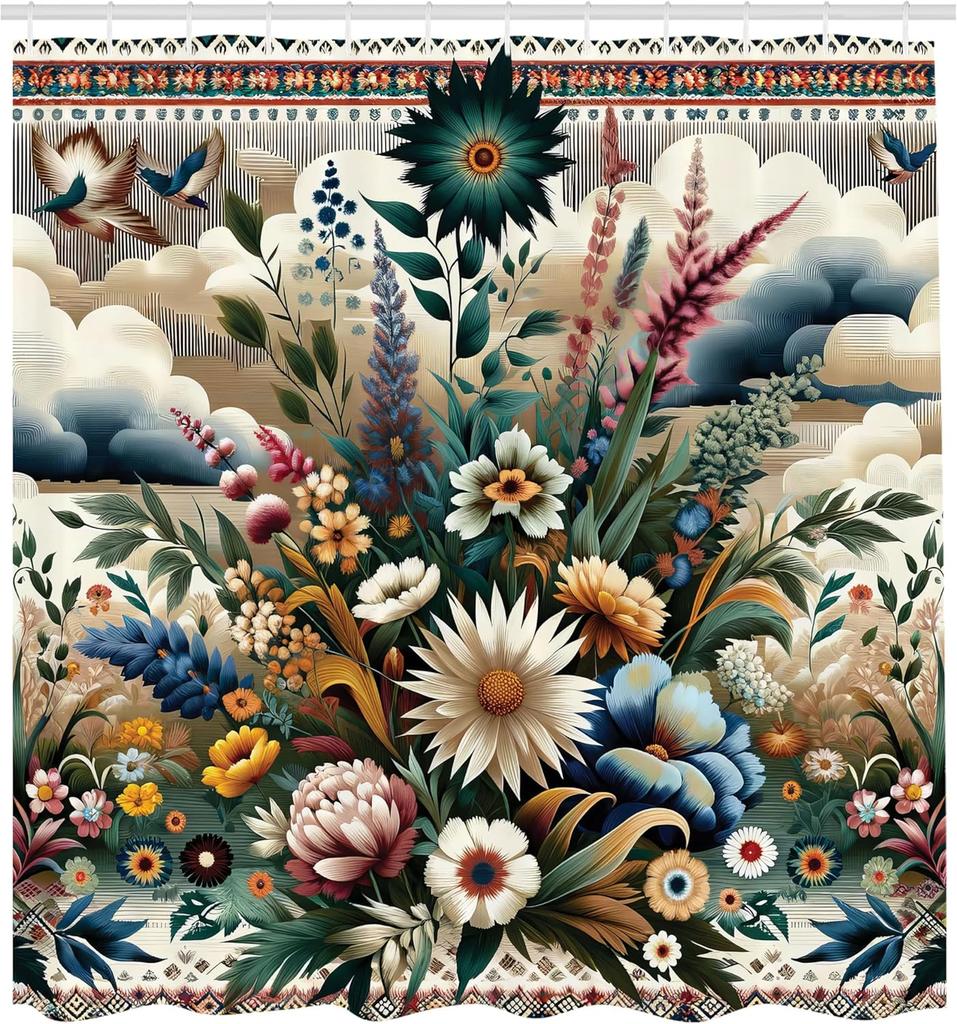 Rideau de douche Eucalyptus Floral, Fleurs Colorées Épanouies, Motifs Inspirés de l'Ikat, Bordures Sud-Ouest, Tissu Salle de Bain