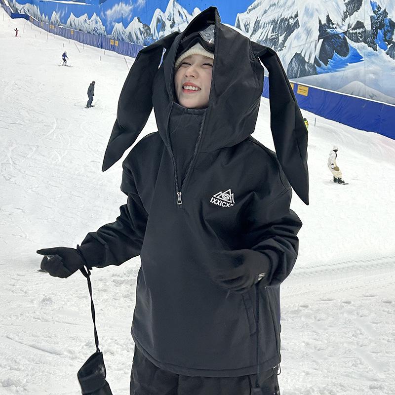 Unisex Winter Waterproof Rabbit Ear Ski Suit: Silver Fox Fleece One-Piece Plus Size Windproof Jacket