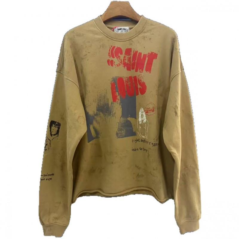 Mens Oversized Cotton Hoodie With Distressed Red Flame Print US Streetwear Style Loose Fit Long Sleeve Round Neck