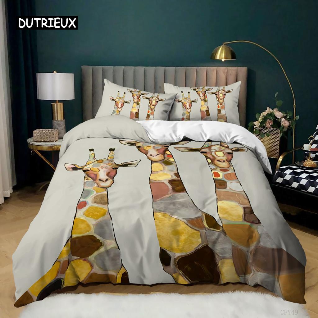 Giraffe Duvet Cover Set Full Size Animal Theme Comforter Cover Giraffe Pattern for Kids Teens Boys Polyester Giraffe Quilt Cover