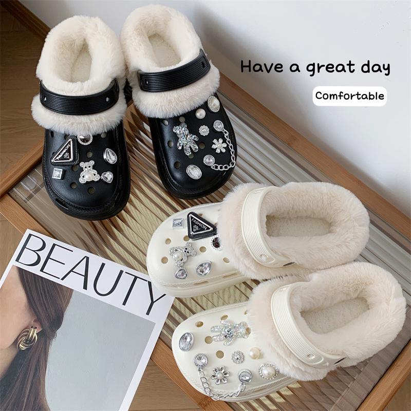 Women's Fleece-Lined Detachable Cotton Slippers - Autumn/Winter Fur Shoes with Hole Design