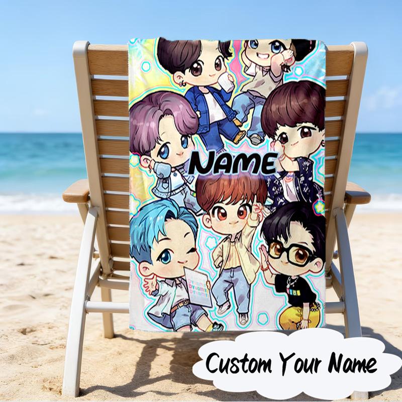 Custom Name K-pop BTS Artwork Characters Microfiber Beach Towel Super Soft & Absorbent for Bath, Beach, Travel Bath Time Accessory, Fan gifts