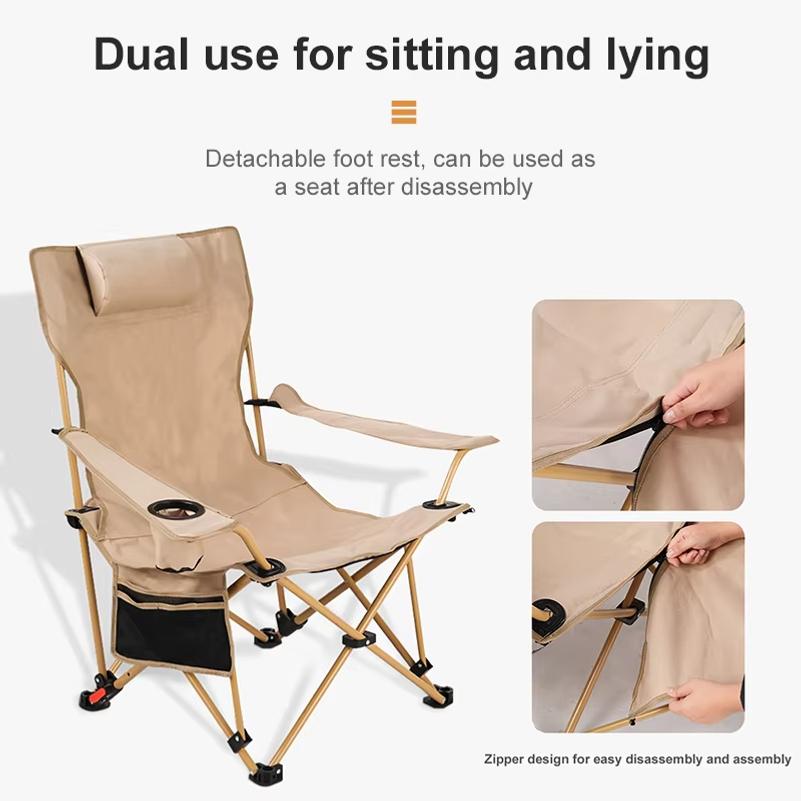 2-in-1 Reclining Camping Chair Lightweight Folding Camping Lounge Chair with Adjustable Backrest & Footrest for Beach