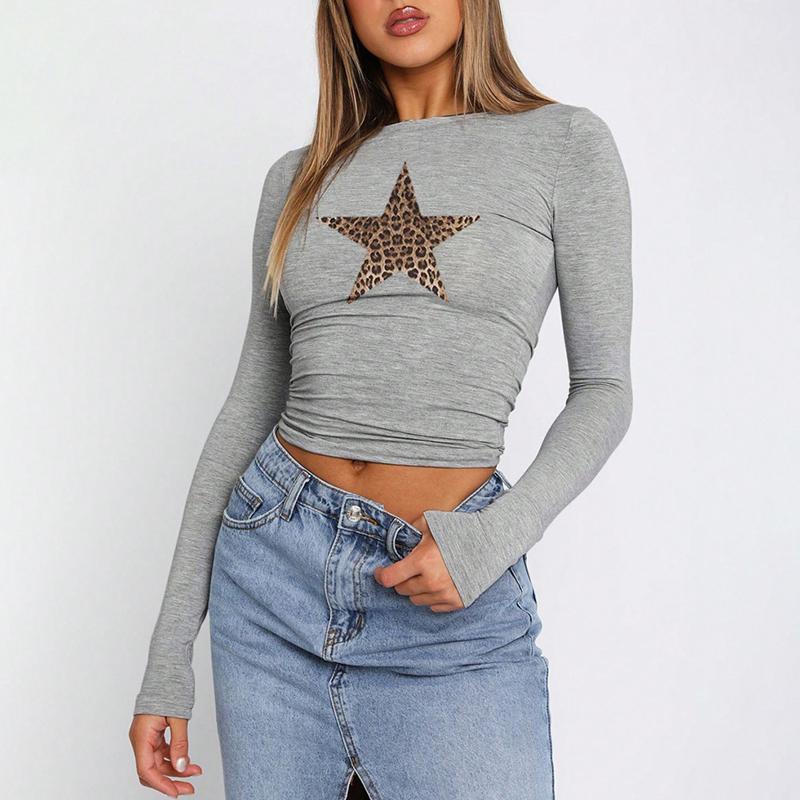 Y2K Ladies Autumn Winter Long Sleeve O Neck Leopard Star Printed Slim Fit Pullover T Shirt Crop Top