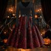 Women's Vintage Retro Long Sleeve V-Neck Flared Dress with Halloween Print for Party