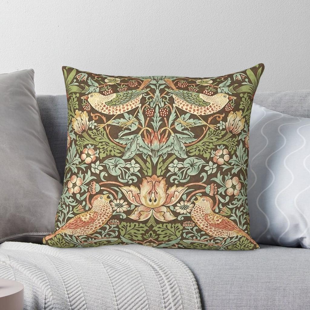 William Morris Strawberry Thief Square Pillowcase Polyester Linen Velvet Printed Zip Decor Pillow Case Car Cushion Cover