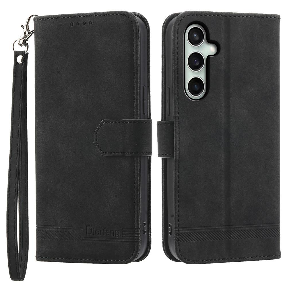DIERFENG DF-03 For Samsung Galaxy S25 FE Case Lines Imprint Wallet Leather Phone Cover with Wrist Strap