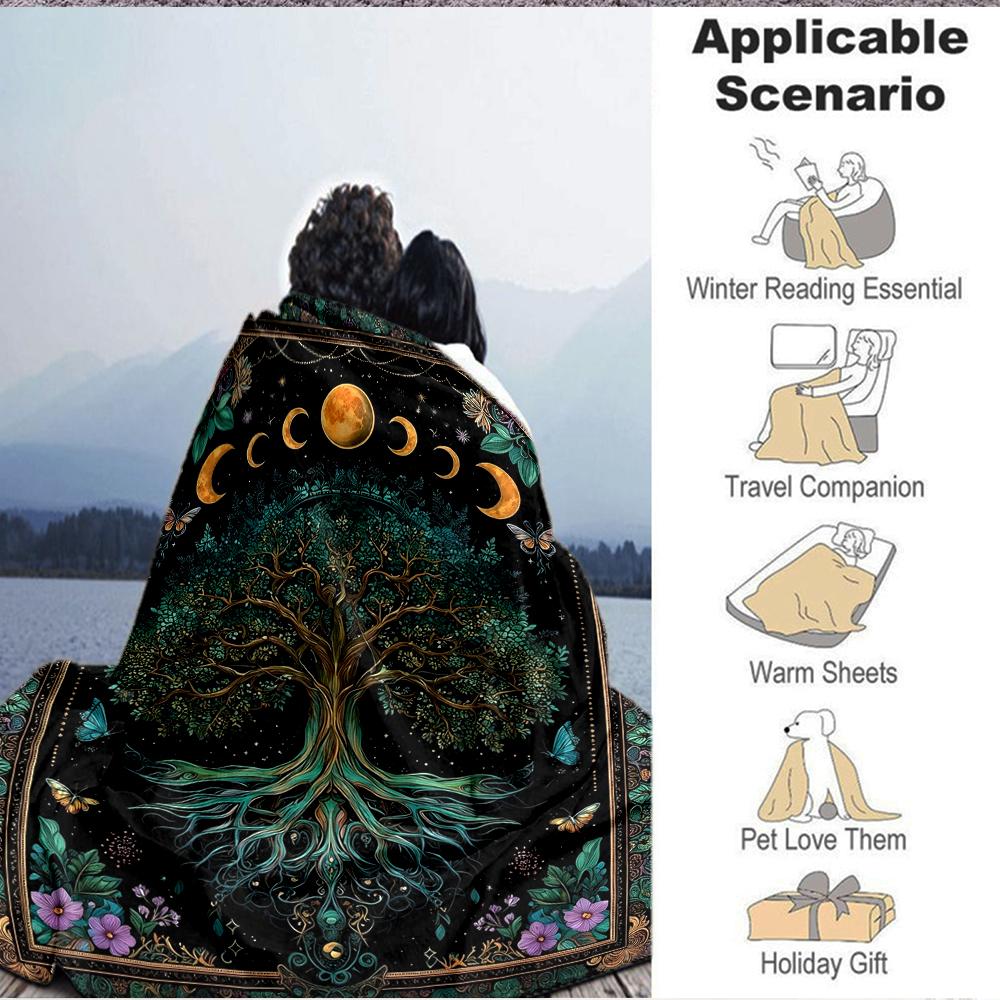 1Pc Tree Life Moon Phases Blanket Soft And Comfortable Casual Warm Camping Travel Christmas Halloween Xmas Gift M924455