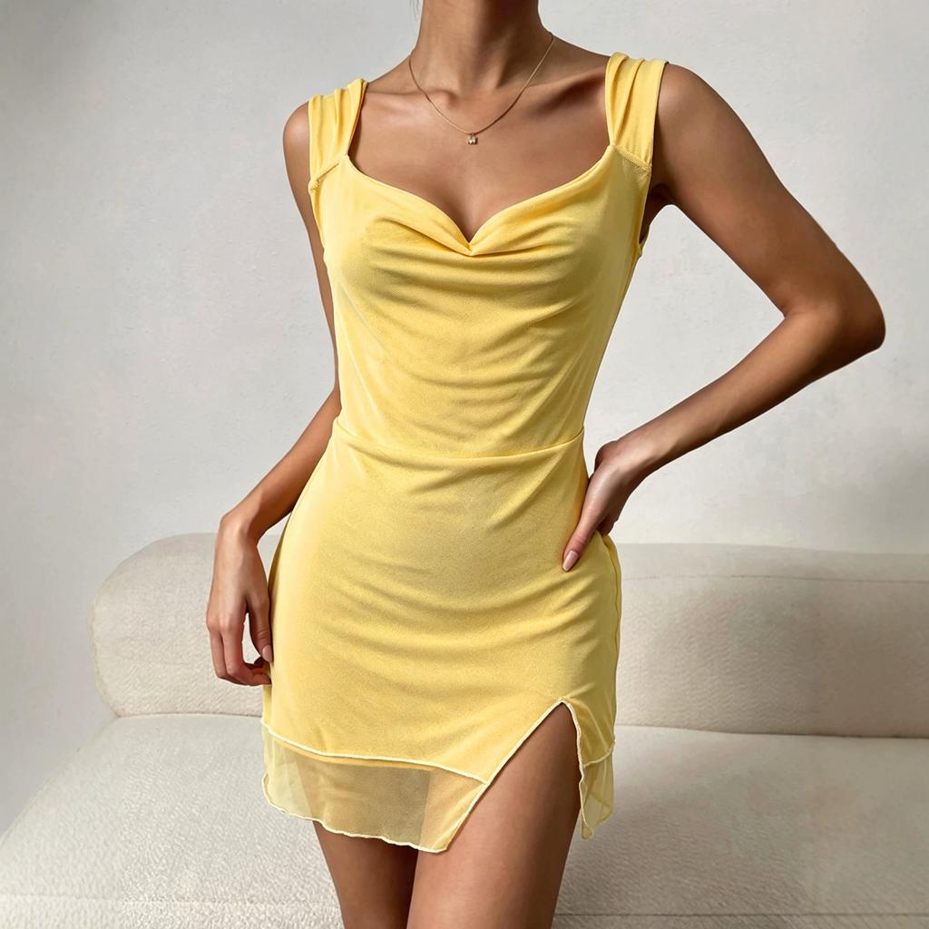Hot-selling swinging neck wide shoulder strap mesh hip-wrapped short skirt women's back hollow lace-up waist irregular dress