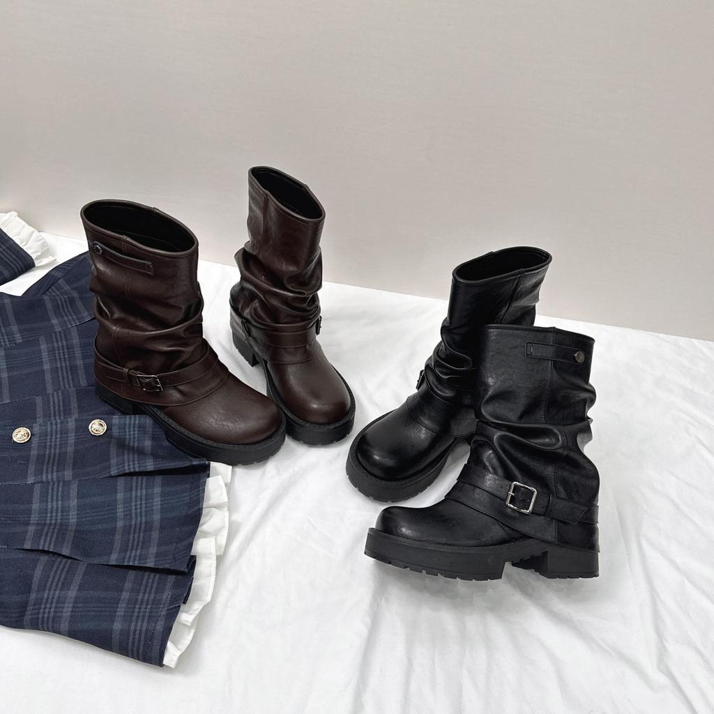 Leather Version~ 8CM Inner Height Increase Western Cowboy Pile Short Boots Women's Autumn and Winter Retro Thick Heel Pleated Trousers Knight Boots