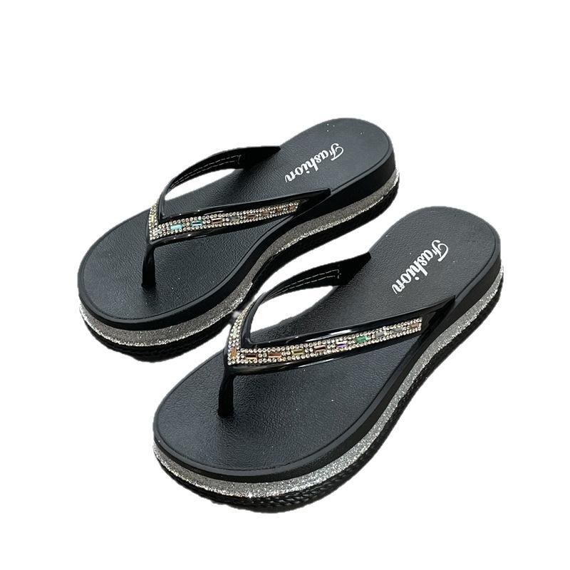 Thick-soled flip-flops women's new summer sandals outer wear toe flip-flops rhinestone fashion slippers