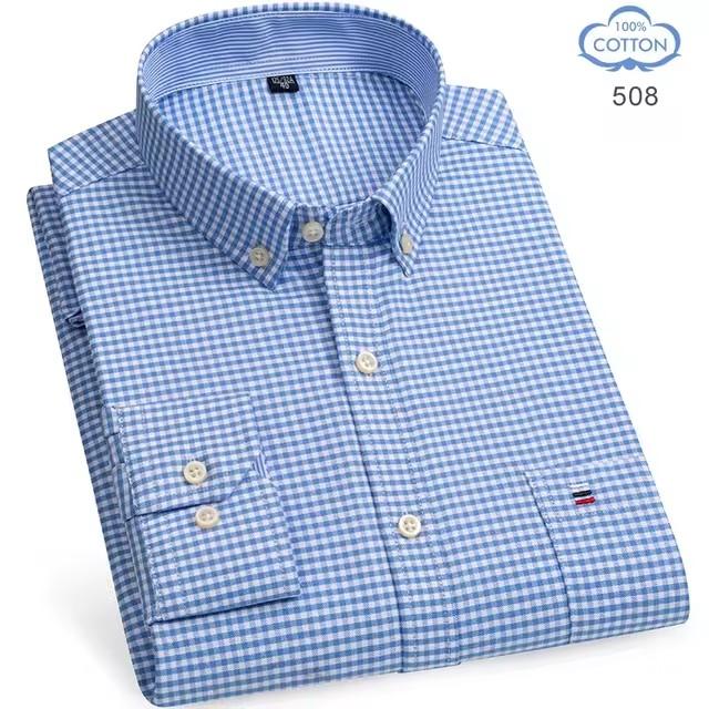 100% Pure Cotton Oxford Shirts for Men Long Sleeve Plaid Shirt Striped Male Business Checked Red Shirt Mans Designer Clothes 7XL
