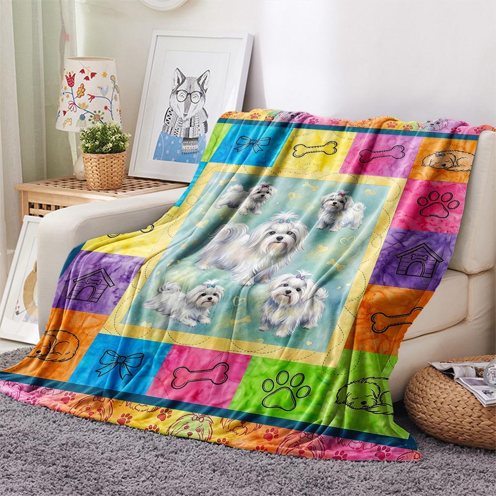 1Pc Colorful Dog Puzzle Print Flannel Blanket High Quality Warm Comfortable Cover for All Seasons Perfect for Gifts Home Decor