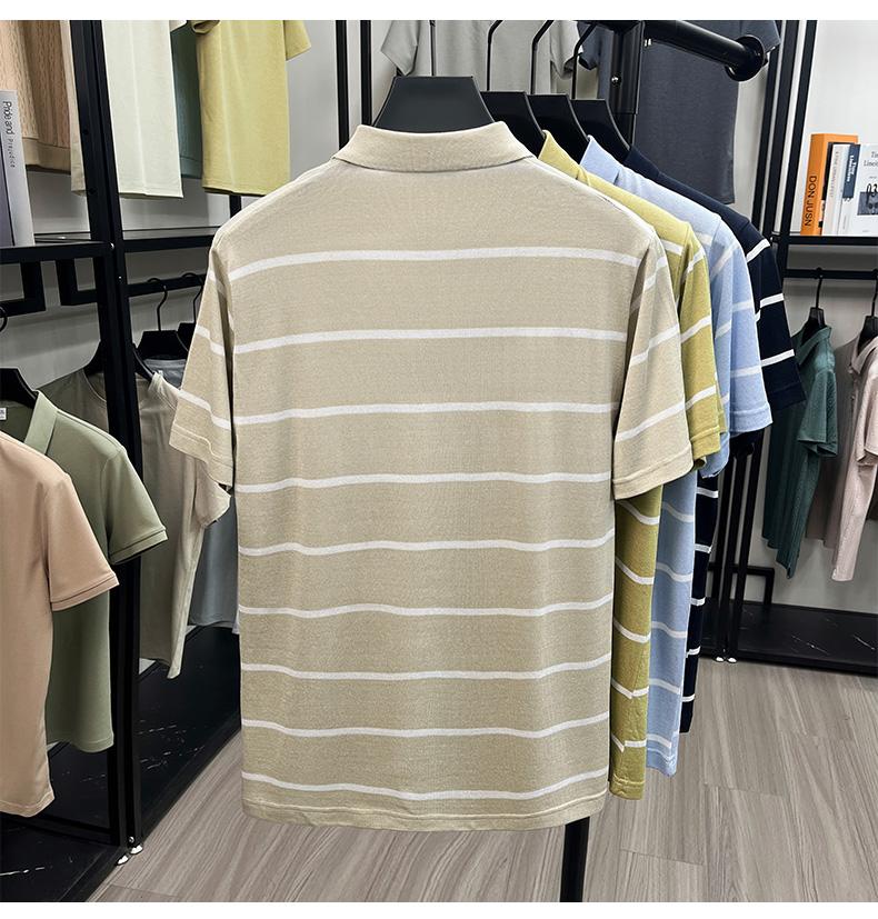 Classic Stripe: Mulberry Silk Linen Men's Light Business Polo Shirt