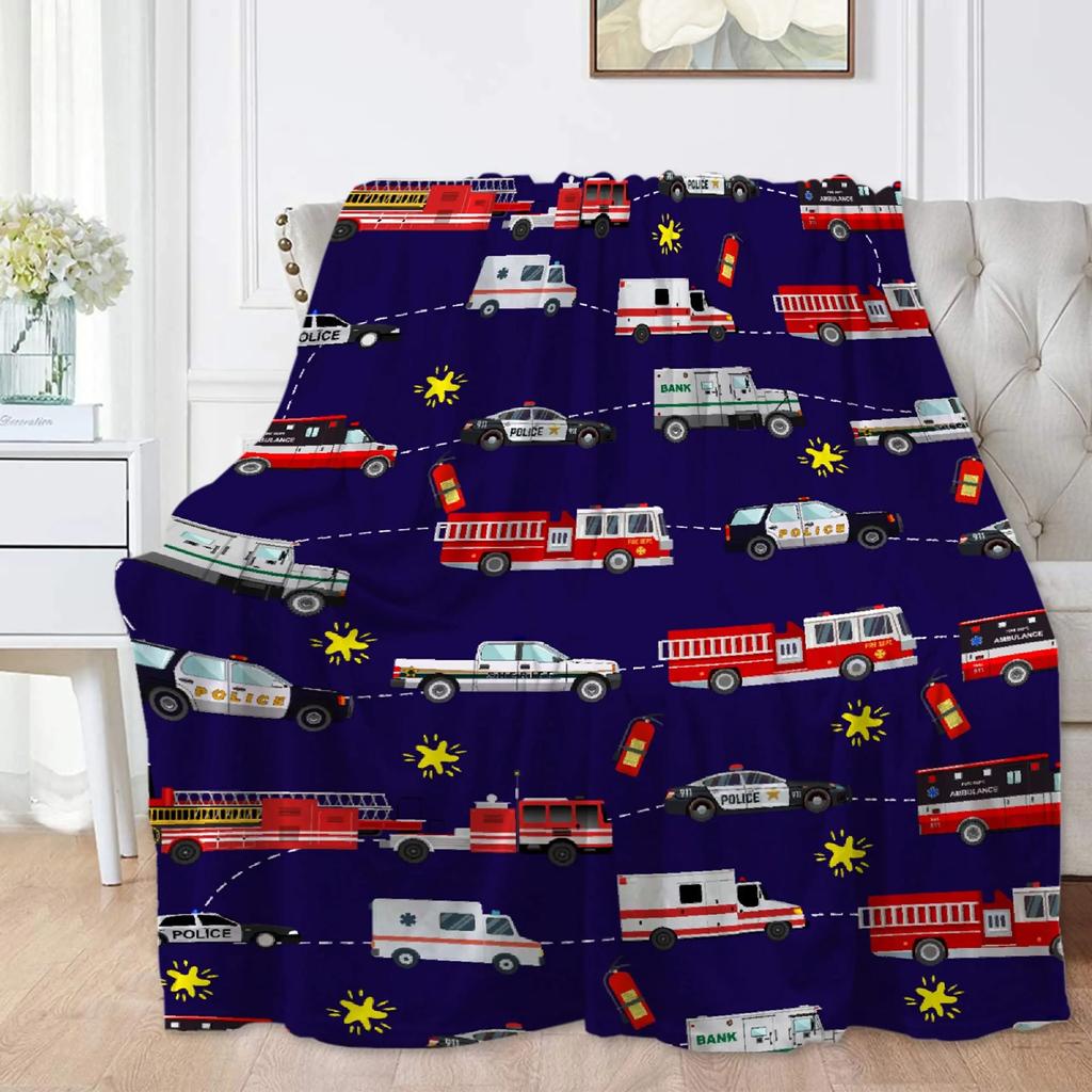 Red Cartoon Fire Truck Car Throw Blanket Fire Fighting Equipment Fire Extinguisher Flannel Blankets for Boys Girls Birthday Gift