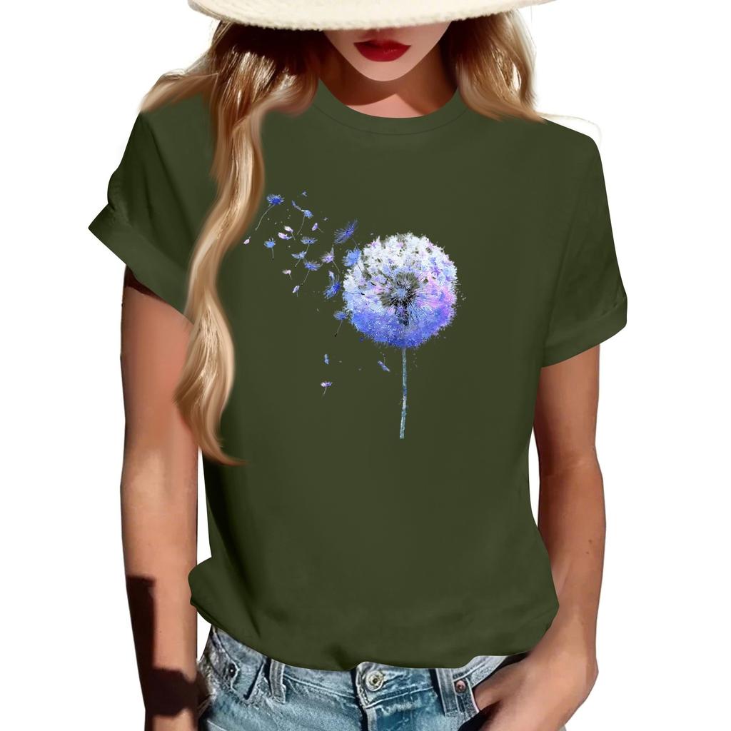 Women's Fashion Casual Printed Round Neck Short Sleeved Pullover T-Shirt Top