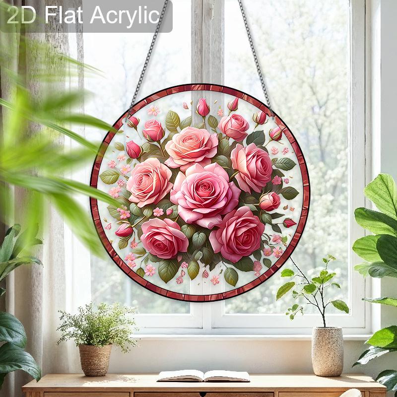 Acrylic Pink Rose Suncatcher Stained Glass Effect Window Hanging Ornament Flower Lover Gifts