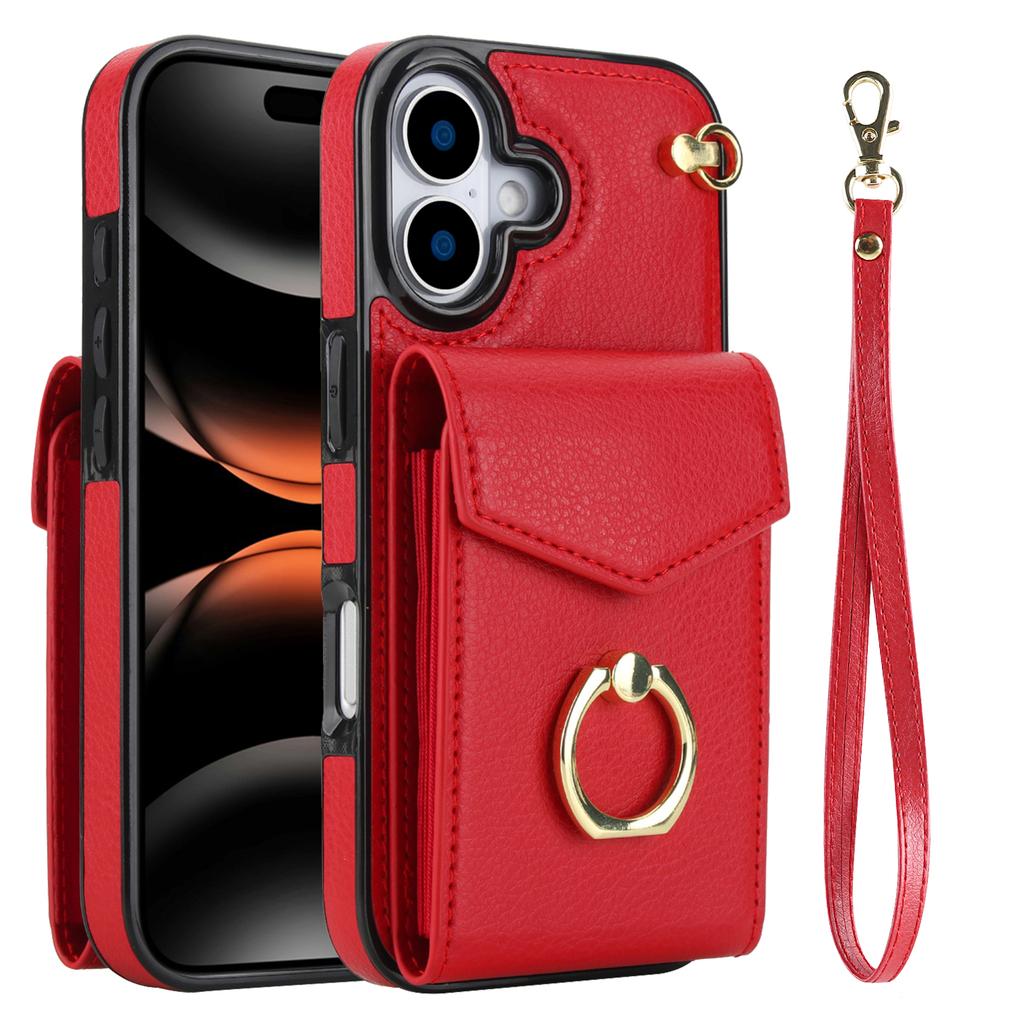 For iPhone 17 Case Leather + TPU Accordion Card Bag Phone Cover with Ring Kickstand