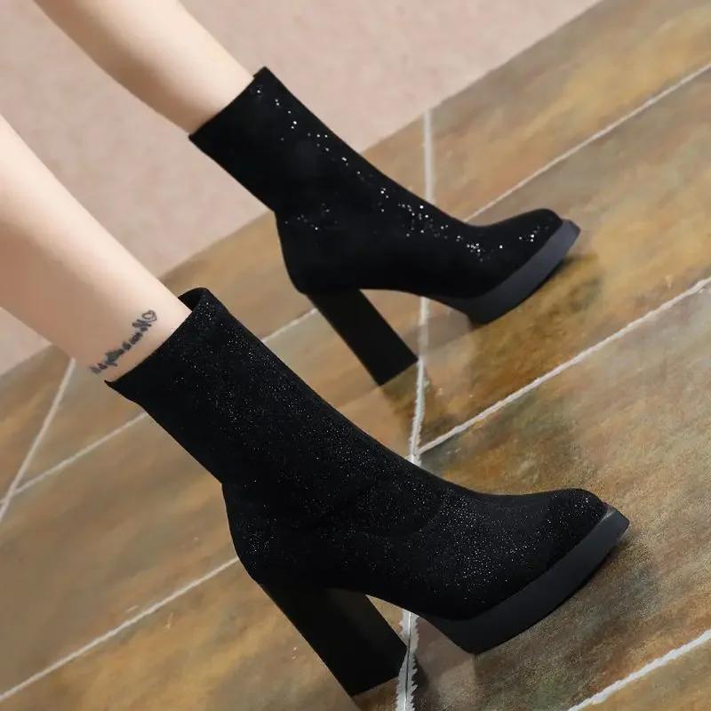 Fashion Elastic Black Pointed Toe Half High Boots for Women Quality on Promotion Y2k Winter 2024 Novelty Pu Cosplay Mid Calf Shoes Woman