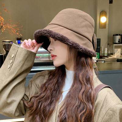 Hut Damen Japanische Schleife Lammwolle Imitation Fischerhut Verdickt Plüsch Warm Lässig Vielseitig Eimerhut Trend