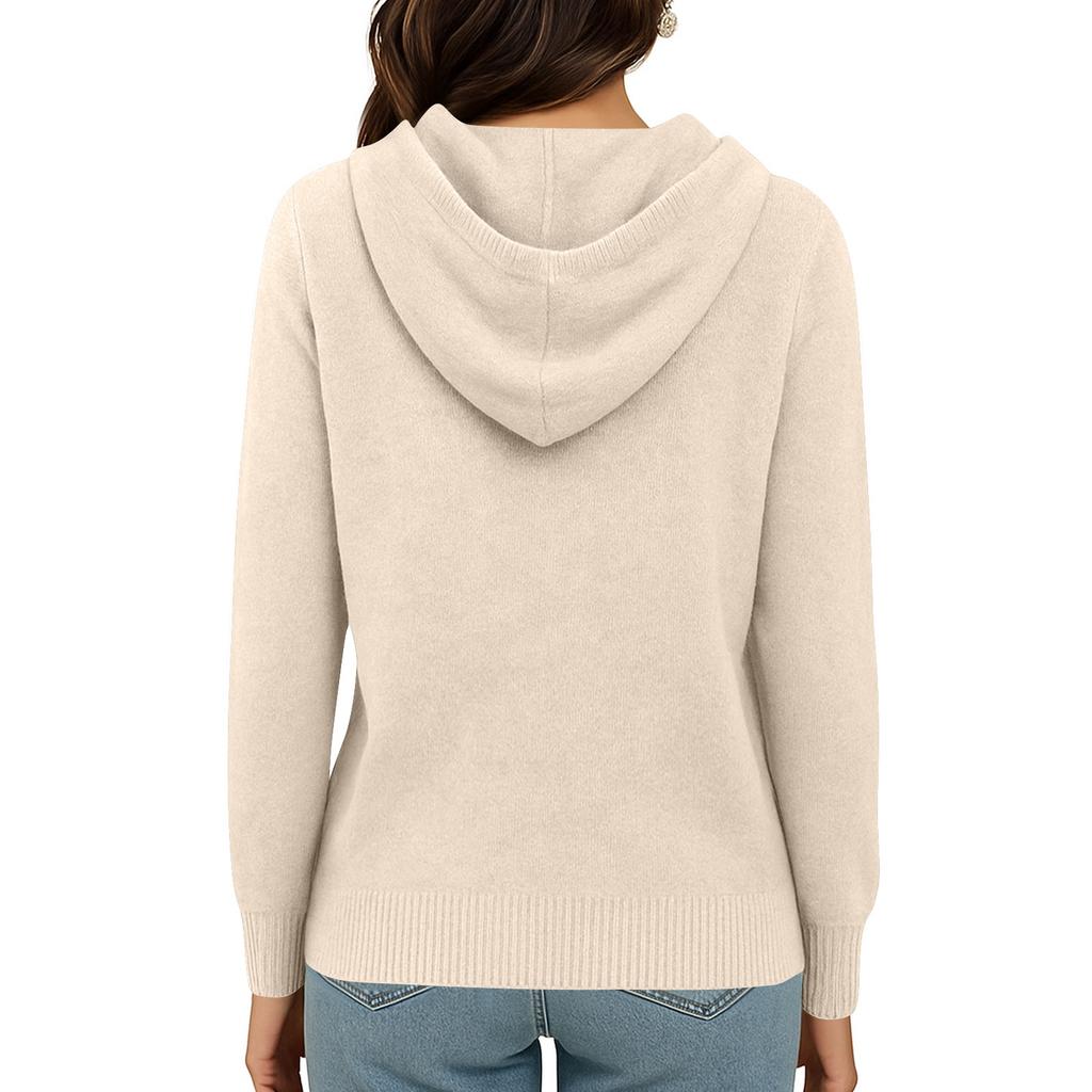 Women's Fashionable Color Hooded Drawstring Long Sleeved Button Loose Base Sweater Knitted Sweater Top