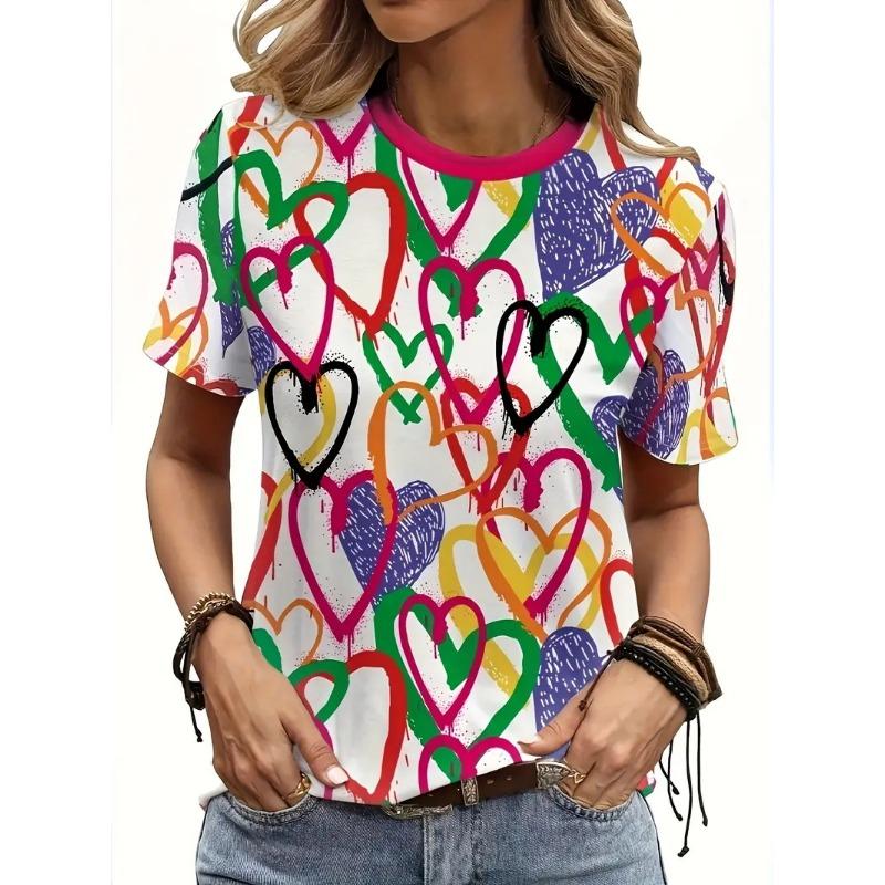 Heart Print Crew Neck T-Shirt For Women Casual Short Sleeve Leopard Love Tshirts Top Women's Ladies Valentine's Day T Shirt