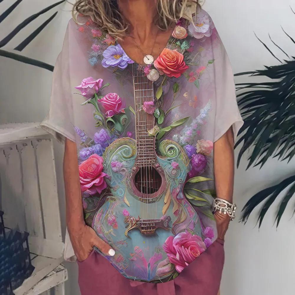 Ρούχα Γυναικεία με Λαιμόκοψη V Oversized Ρούχα Γυναικεία Κοντομάνικα Καλοκαίρι Ρετρό Μπλουζάκι Μόδες Βιολιά Μπλουζάκι με Εκτύπωση Streetwear