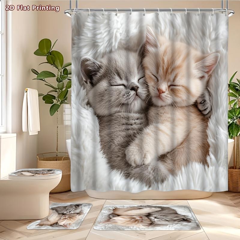 4Pcs Cuddly Kittens Shower Curtain Set with Non-Slip Bath Mat, Toilet Lid Cover, Contour Rug & 12 Hooks, Bathroom Decor