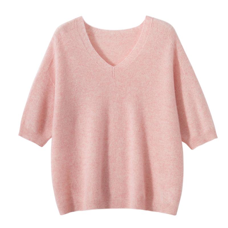 Women's V-Neck Short Sleeve Cropped Cashmere Sweater - Loose Knit Base Layer for Autumn/Winter
