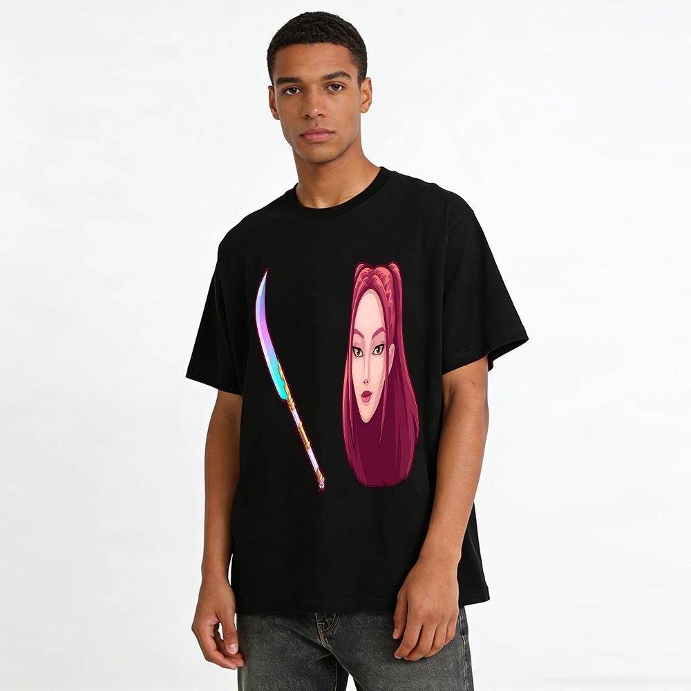 Cool Chinese Style Female Warrior Long Knife Print Top Trendy Game Character Pattern Casual Tee Pure Cotton T-shirt