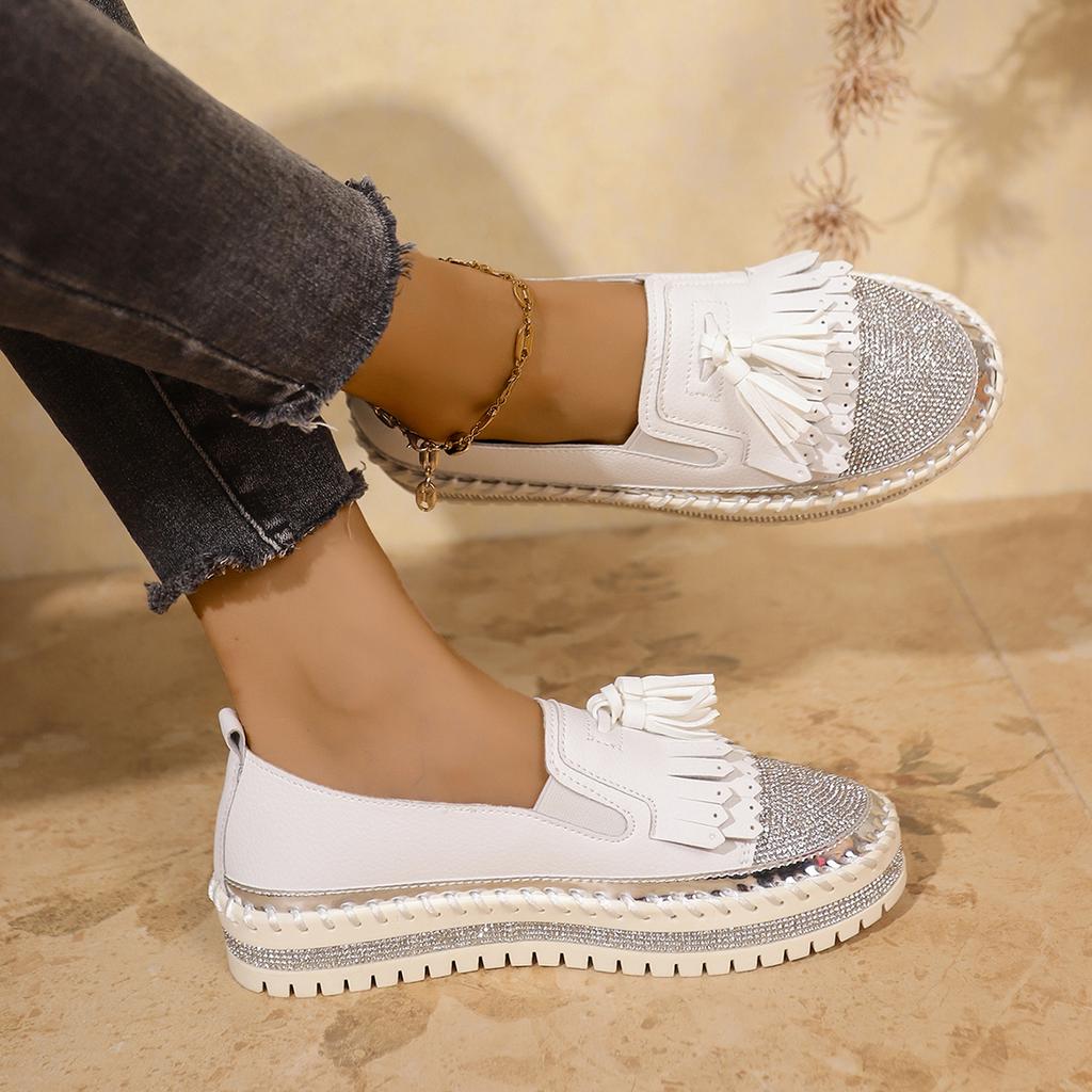 Fashion Aphixta Fringe and Crystals Design Leather Flats Shoes Women Silver Bling Loafers Shoes Woman Flat With Student Footwear Size 43