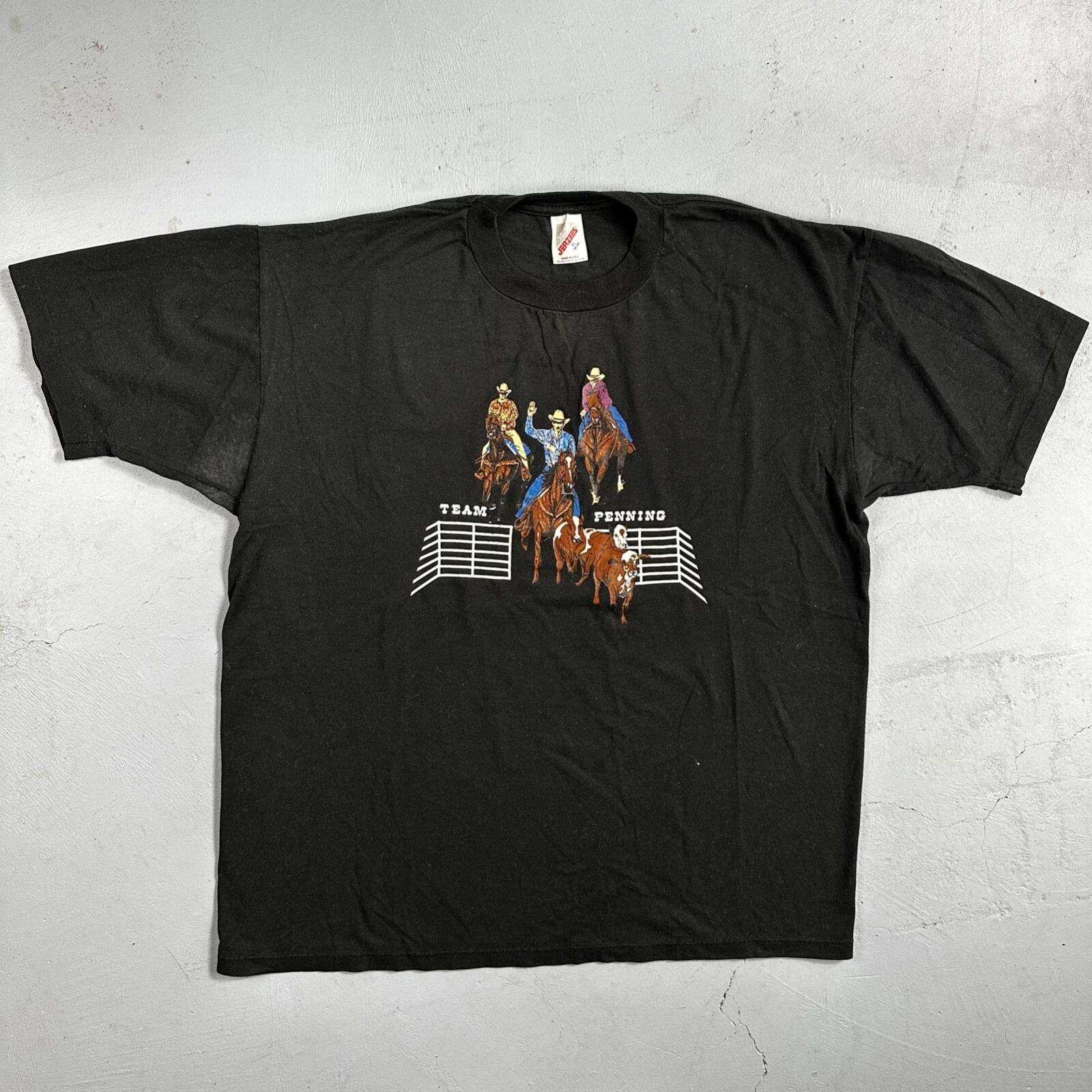 Horses Cowboy VTG T Shirt Team Penning Cows Farm America Jerzees XL Black USA L
