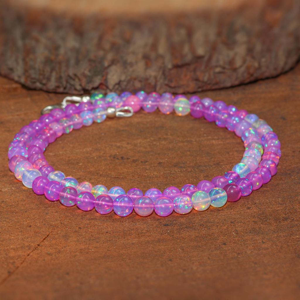 Shaded Purple Opal Round Beads Necklace, AAA Fire Round Opal Beaded Necklace, Delicate Necklace for Women, Birthstone Gift for Mom