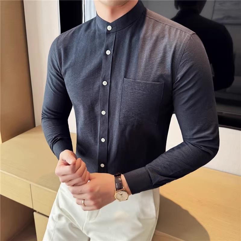 Stand Collar Men's Shirt High High Quality Long Sleeve Casual Business Dress Shirt Slim Fit Streetwear Men Clothing