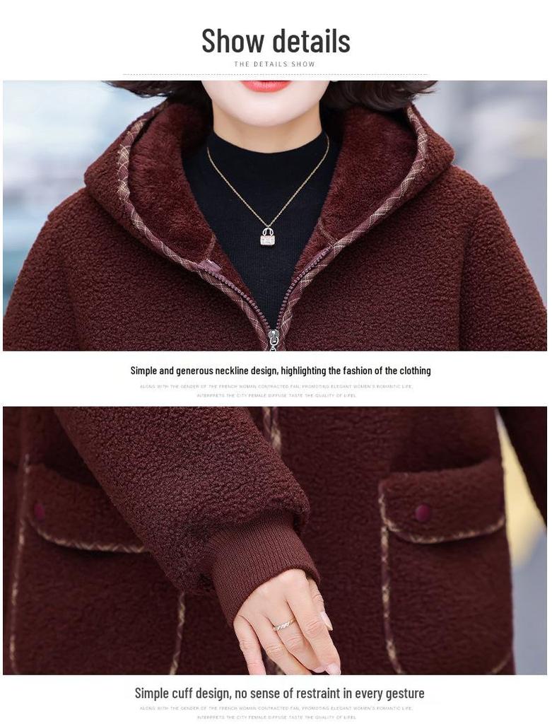 Mom's Winter Particle Fleece Hooded Jacket: Velvet-Thickened, Lambswool Cardigan for Middle-Aged and Elderly Women