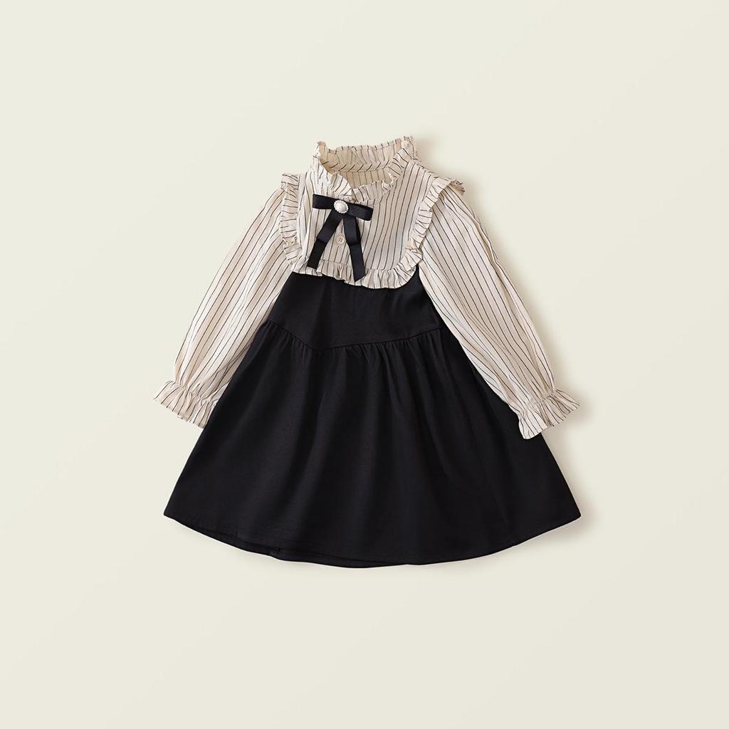 Herbst 2025 Mädchen Gestreiftes Colorblock Langarmkleid mit Falschem Zweiteiler Koreanisches Design