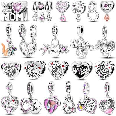 Mother's Gift Charms Bead Original 925 Silver Love Heart Mom's Happy Family Pendants Fit Bracelet DIY Jewelry