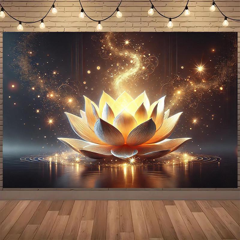 Stralende Lotusbloem Wandkleed Voor Meditatie Ruimte Decor, Met Een Verbluffend Gedetailleerde Gouden Lotusbloem Die Opkomt