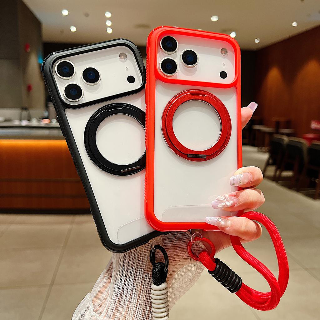 Dla iPhone 17 Pro Magnetyczne Etui Odporne na Wstrząsy Podpórka TPU + PC Przezroczyste Etui na Telefon z Paskiem na Nadgarstek