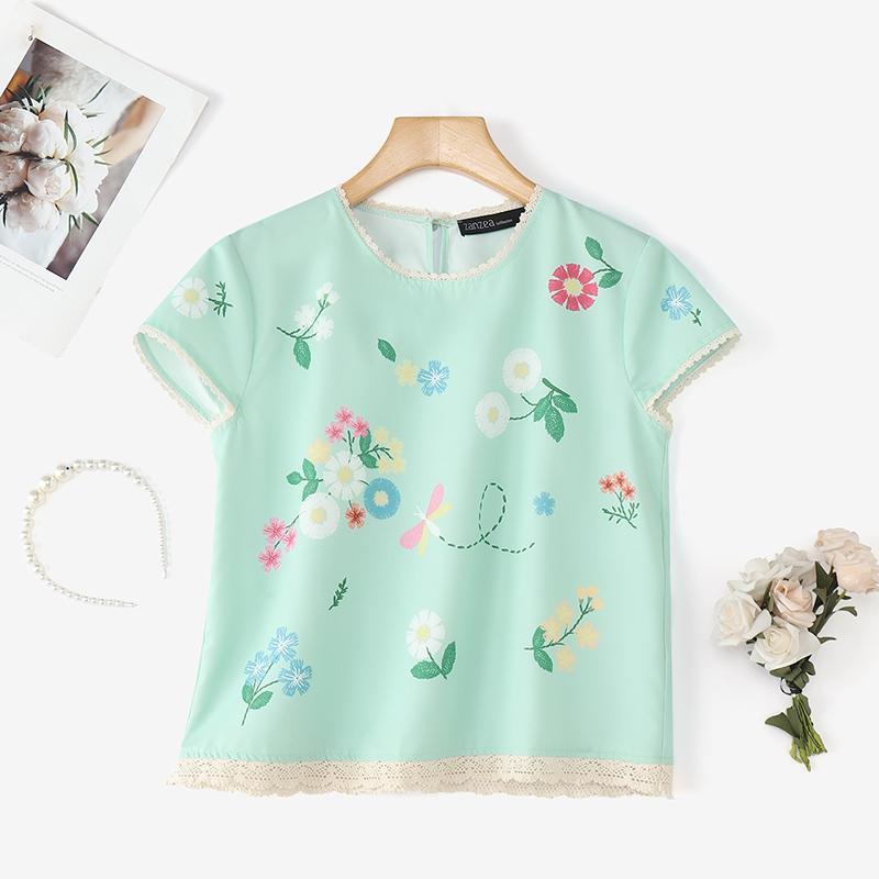 

ZANZEA Женская повседневная блузка с круглым вырезом, цветочным принтом и коротким рукавом S зелёный