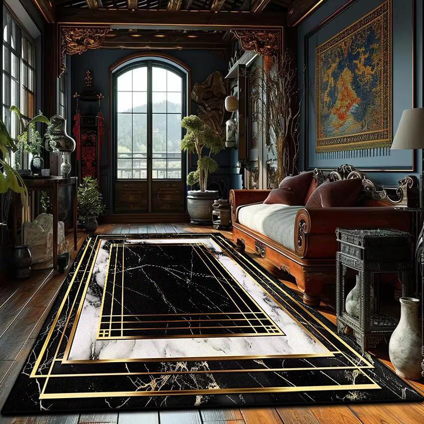 Modern Golden Frame Marble Carpet Luxury Lounge Rug Large Area Living Room Sofa Decoration Rug Bedroom Decor Bedside Floor Mat