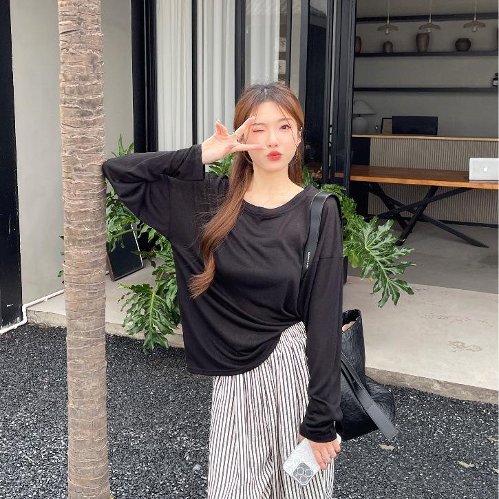 Summer Women's Loose Long Sleeve Blouse Bottom Shirt Thin Round Neck Sun Shirt Pullover Air Conditioner Hoodie